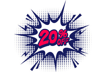 20 Percent OFF Discount on a Comics style bang shape background. Pop art comic discount promotion banners.	PNG