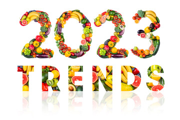 New year 2023 made of fruits and vegetables, fish. Healthy food. New year 2023 food trends. 2023...