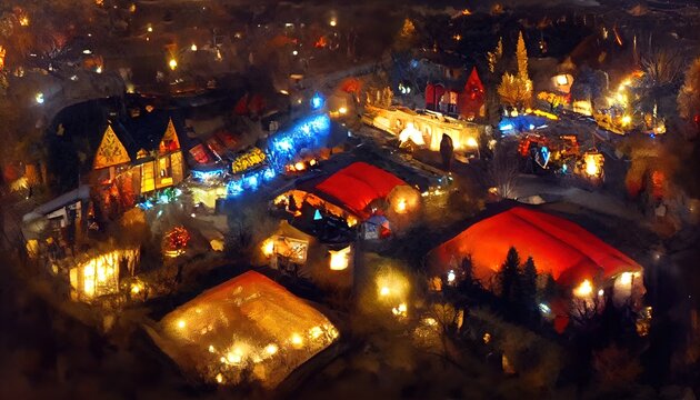 illustration christmas market at night viewed from the air