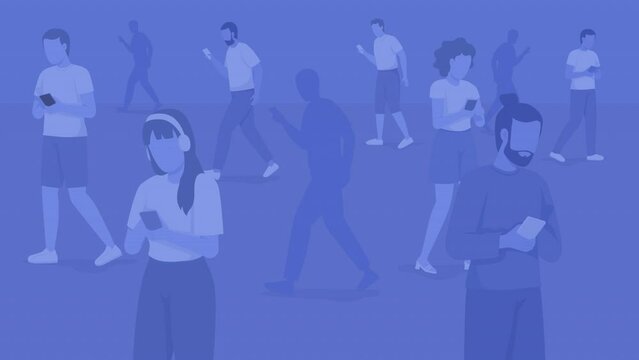 Animated nomophobia illustration. Smartphone addiction. Phone dependency community. Looped flat color 2D cartoon characters animation with crowd on background. HD video with alpha channel
