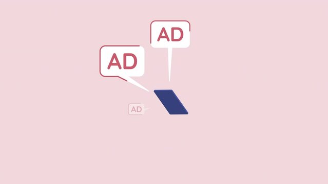 Animated social media ads element. Noisy online advertising appearing. Flat cartoon style HD video footage. Color illustration on pink background with alpha channel transparency for animation