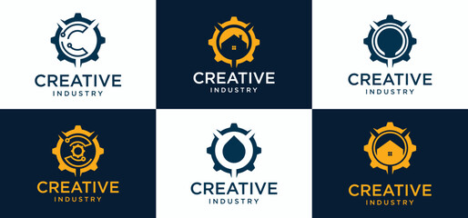 industrial logo Concept Gear shape with negative space technology construction tools vector,template