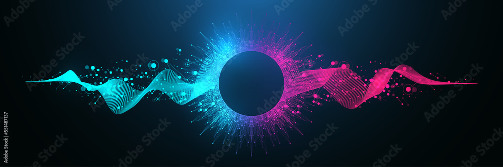 Poster Music wave flow poster design with lines and dots. Sound flyer with abstract gradient line waves. Music abstract background, illustration