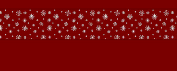 Festive seamless snowflake border isolated on red background, Christmas design for postcard or greeting card. Vector illustration, merry xmas snow flake header or banner, wallpaper or backdrop