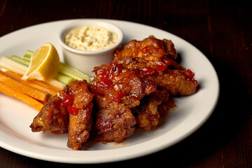Buffalo chicken wings in barbecue sauce. Dark wooden background. Selective focus. Food for the pub