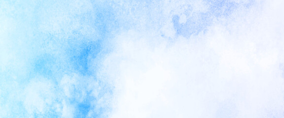 Blue sky background with white clouds. panorama, Blue acrylic and watercolor textures on white paper background, blue and white watercolor paint splash or blotch background with fringe bleed wash.
