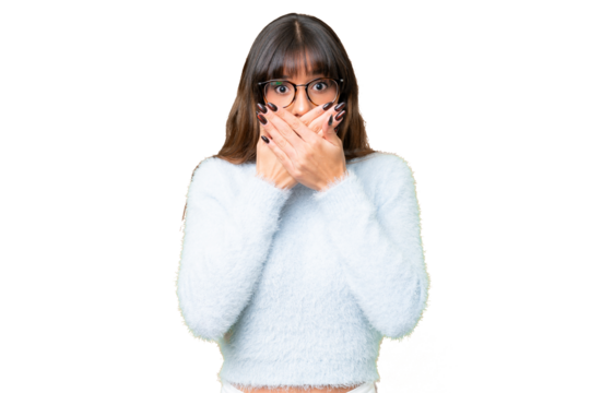 Young caucasian woman over isolated chroma key background covering mouth with hands