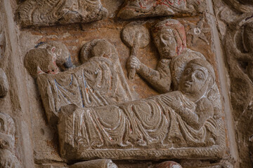 North Romanesque portal, birth of Christ, Church of El Salvador, Romanesque from the 13th century, Ejea de los Caballeros, Cinco Villas, Aragon, Spain