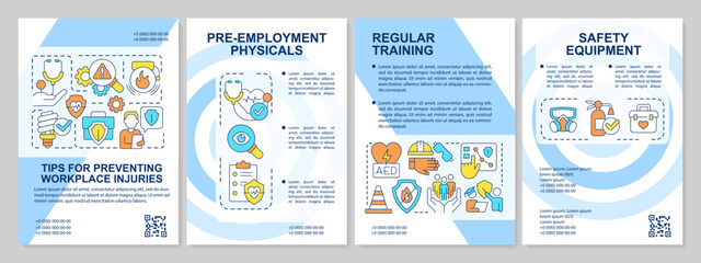 Fototapeta na wymiar Tips for minimizing occupational injuries blue brochure template. Leaflet design with linear icons. Editable 4 vector layouts for presentation, annual reports. Arial, Myriad Pro-Regular fonts used