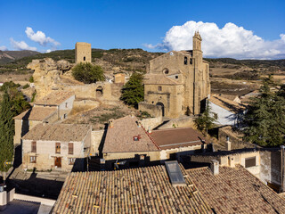 Fototapeta premium castle and church of San Salvador, Luesia medieval village, Cinco Villas, Aragon, Spain