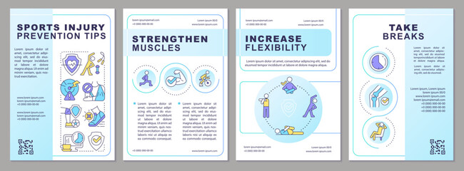 Sports injury avoiding tips brochure template. Reduce athlete risks. Leaflet design with linear icons. Editable 4 vector layouts for presentation, annual reports. Arial, Myriad Pro-Regular fonts used