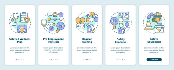 Accident prevention in workplace tips onboarding mobile app screen. Walkthrough 5 steps editable graphic instructions with linear concepts. UI, UX, GUI template. Myriad Pro-Bold, Regular fonts used