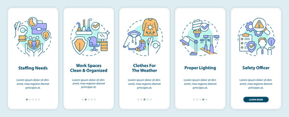Tips for avoiding workplace injuries onboarding mobile app screen. Walkthrough 5 steps editable graphic instructions with linear concepts. UI, UX, GUI template. Myriad Pro-Bold, Regular fonts used