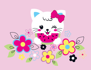 vector cartoon cute cat with beautiful flowers