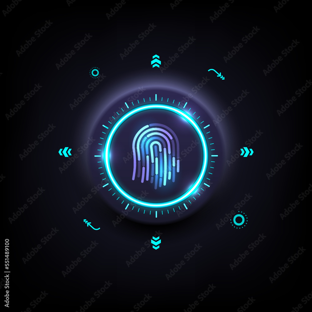 Poster hi-tech push button there is a blue glowing circle. in the middle there is a fingerprint scanner on 