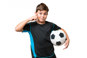 Little caucasian football player kid over isolated chroma key background thinking an idea