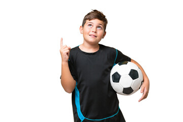 Little caucasian football player kid over isolated chroma key background pointing up a great idea