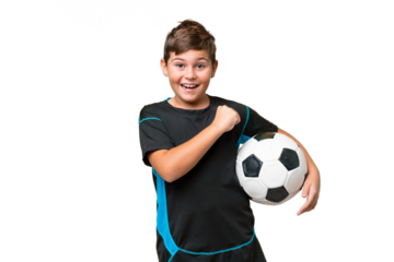 Little caucasian football player kid over isolated chroma key background celebrating a victory