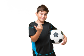 Little caucasian football player kid over isolated chroma key background inviting to come with hand. Happy that you came