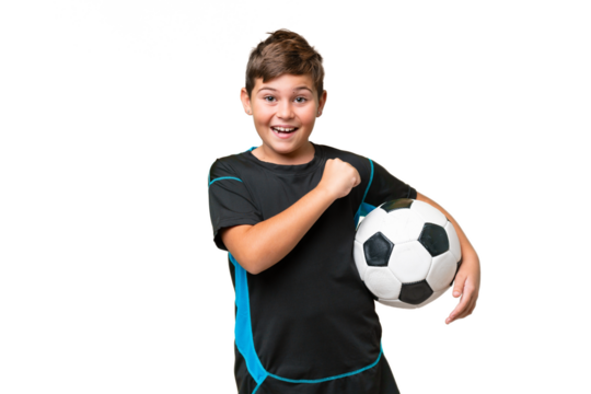 Little caucasian football player kid over isolated chroma key background celebrating a victory - Powered by Adobe