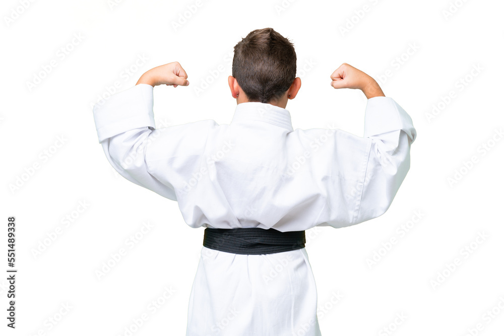 Wall mural Little caucasian kid over isolated chroma key background doing karate in back position