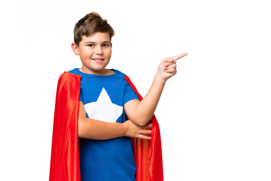Super Hero caucasian kid over isolated chroma key background pointing finger to the side