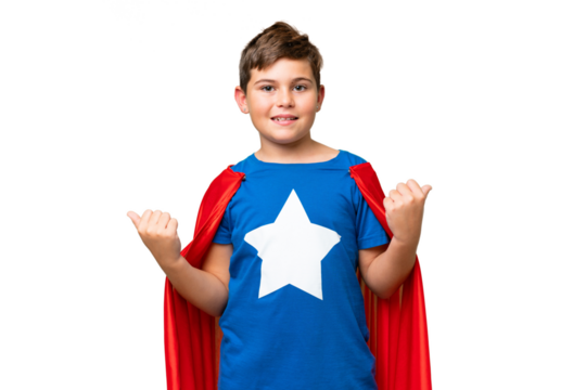 Super Hero caucasian kid over isolated chroma key background with thumbs up gesture and smiling