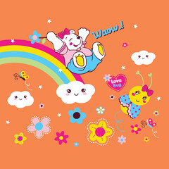 Fototapeta na wymiar vector cute bear playing on cloud and rainbow