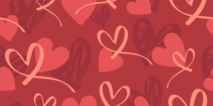 Seamless pattern with hand drawn red Hearts. Ready template for  postcards, print, poster, Valentine's day. Vector illustration.