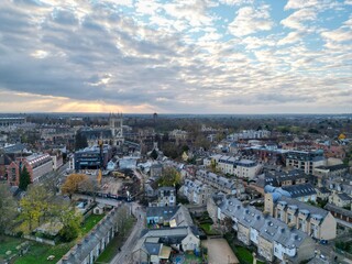 Cambridge City centre UK drone aerial at sunset