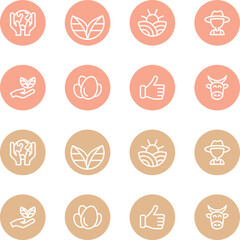 Instagram highlight covers. Ecology vector icons. Bio, eco, ecology, farm food, farm, fresh, food, sun grown, farmer, round circle in pink neutral pastel colors. Social media icons, covers, labels.
