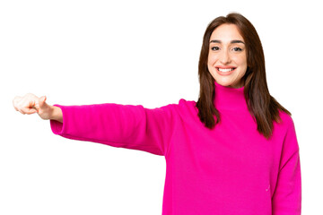 Young caucasian woman over isolated chroma key background giving a thumbs up gesture