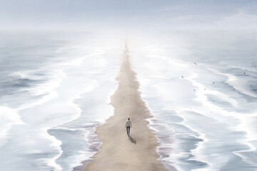Fototapeta Illustration of man walking in the beach between two blue seas, surreal abstract path concept obraz