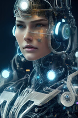 Fototapeta premium Woman cyborg full length portrait detailed face, symmetric, steampunk, cyberpunk