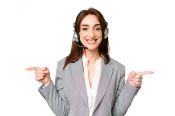 Telemarketer caucasian woman working with a headset over isolated chroma key background pointing finger to the laterals and happy