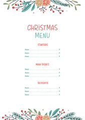 Christmas seasonal menu template with floral and fir branches. Vector illustration in retro minimalistic style. Xmas new year eve theme and happy winter holidays flat style concept