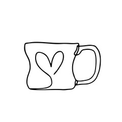 Hand drawn continuous inky line cup decorated with heart isolated on white background.