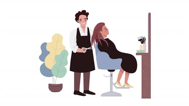 Animated hair service characters. Stylist doing haircut. Full body flat people on white background with alpha channel transparency. Colorful cartoon style HD video footage for animation