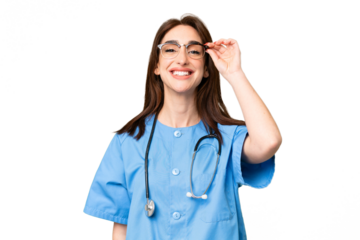 Young nurse woman over isolated chroma key background with glasses and happy