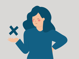 Woman holds a reject mark to protest or disapprove something. Activist female disagrees about new laws by saying NO or STOP. Voting, feedback, review and rejection concept. Vector illustration