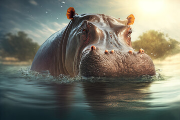 Aquatic Hippopotamus - obrazy, fototapety, plakaty