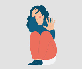 Danger threatens a terrified woman. Young girl says NO to abuse and protects herself with her hands. Gender equality, domestic violence, school bullying, protest against sexual assault concept.