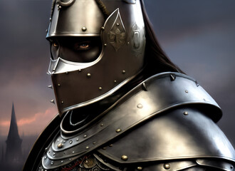 close portrait of a gothic knight without helmet, massive armor, intrincate design