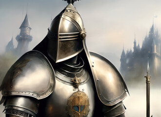 close portrait of a gothic knight without helmet, massive armor, intrincate design