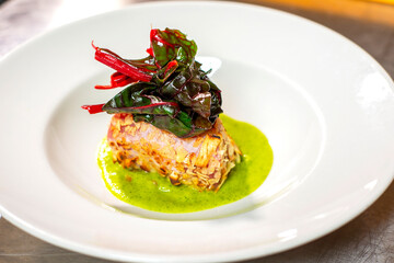 fresh tuna steak with vegetables and vegetable cream