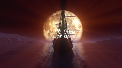 old ship in sea full moon illustration