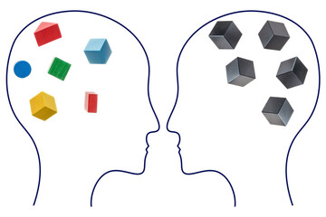 The concept of rational and irrational thinking of two people. Heads of two people with colourful and black shapes. Two people with different thinking..