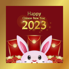 Chinese New Year 2023 element illustration design with design of a peeking rabbit's head in gold frame