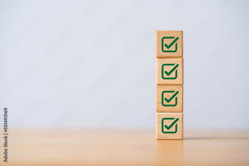Poster stacking correct sign mark for document approve , project acceptance and quality assurance concept.