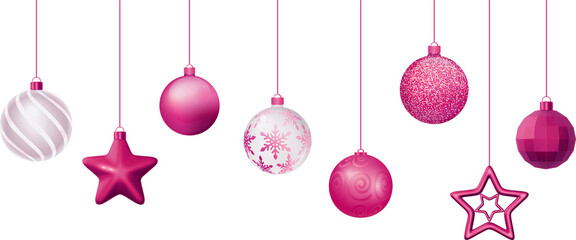 set of pink christmas balls isolated on blank background PNG